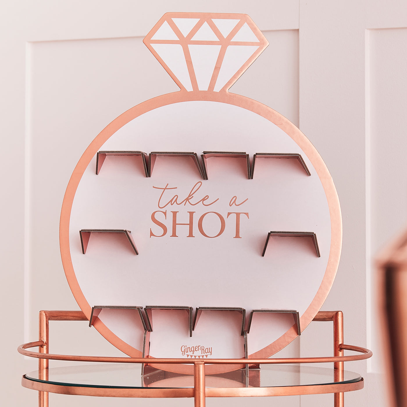 Shot-Wall Design "Roségold" | Deko-Wand für Shot-Becher | Diamantring "Take a Shot" | JGA Partydekoration