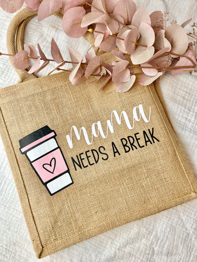 Jute-Geschenktasche / Jute-Shopper Design "Mama needs a break" | Geschenktüte für Coffee Lovers | Jutetasche für Mamas [individualisierbar]