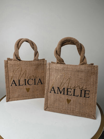 Jute-Geschenktasche / Jute-Shopper Design "Mini + Name" | Shopping Bag für die Minis | Geschenke für Kinder [individualisierbar / personalisierbar]