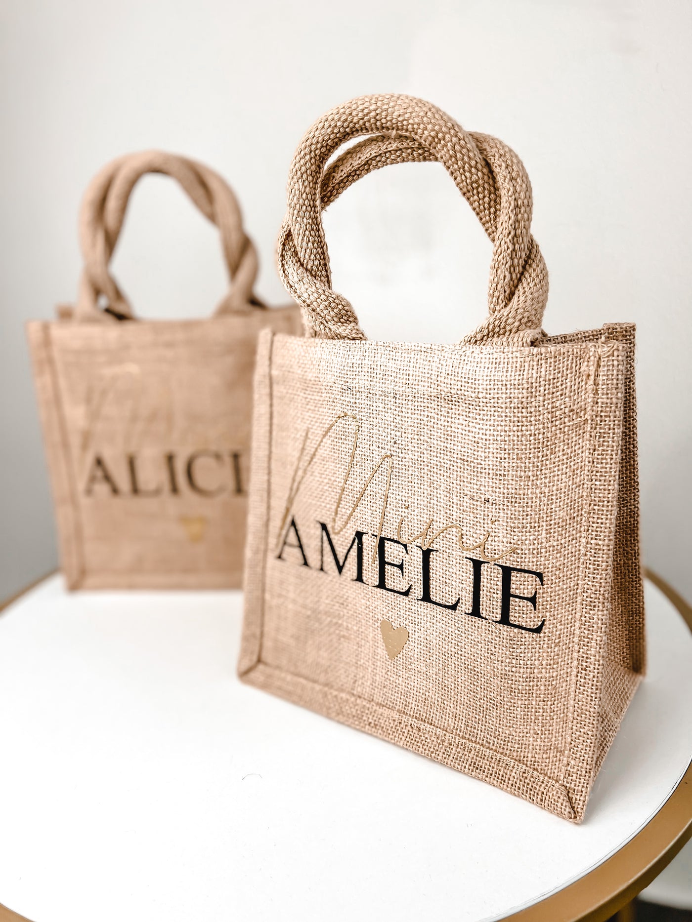 Jute-Geschenktasche / Jute-Shopper Design "Mini + Name" | Shopping Bag für die Minis | Geschenke für Kinder [individualisierbar / personalisierbar]