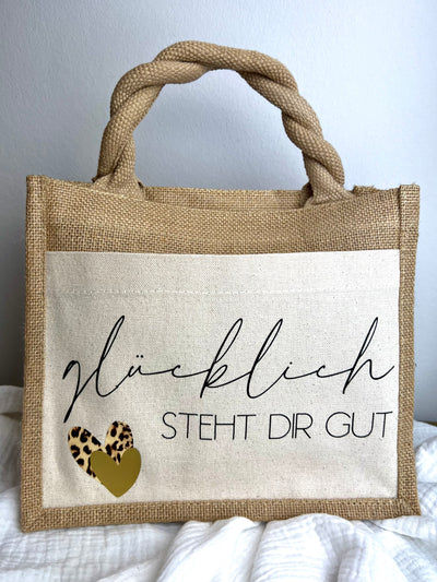 Jute-Geschenktasche / Jute-Shopper Design "glücklich steht dir gut" | Shopping Bag [individualisierbar]