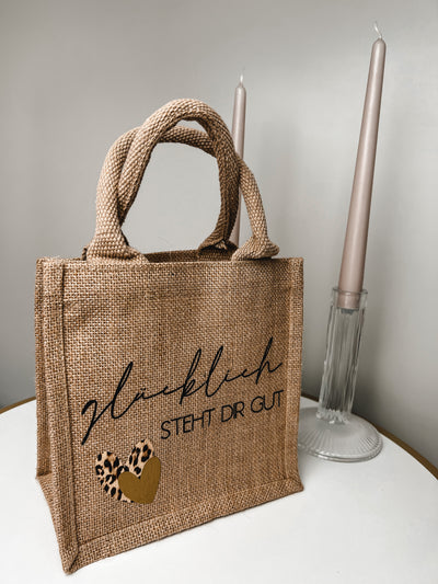 Jute-Geschenktasche / Jute-Shopper Design "glücklich steht dir gut" | Shopping Bag [individualisierbar]