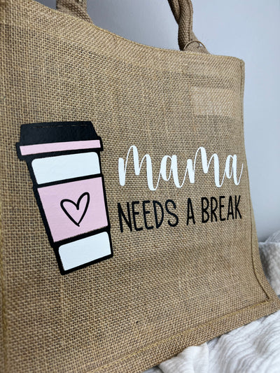 Jute-Geschenktasche / Jute-Shopper Design "Mama needs a break" | Geschenktüte für Coffee Lovers | Jutetasche für Mamas [individualisierbar]