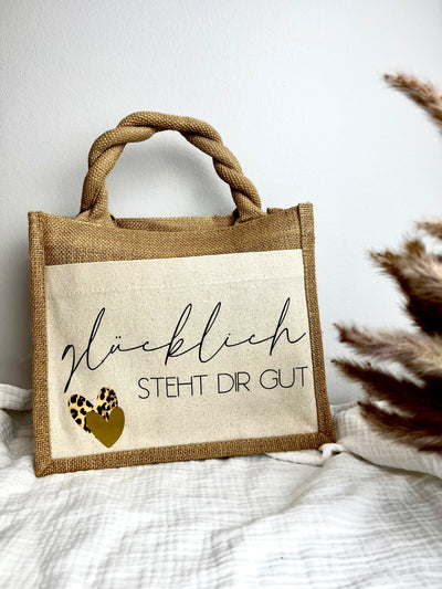 Jute-Geschenktasche / Jute-Shopper Design "glücklich steht dir gut" | Shopping Bag [individualisierbar]